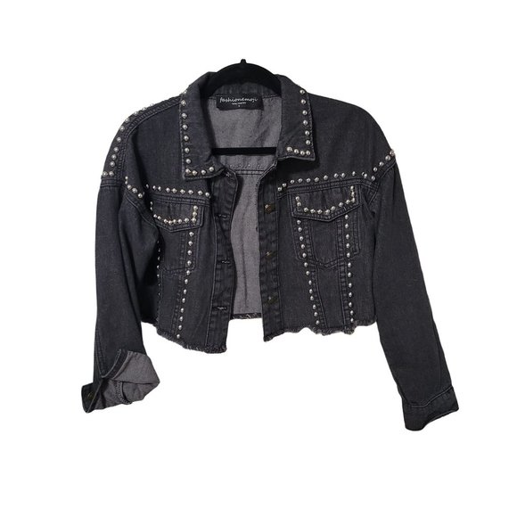 Fashionemoji Silver Studded Black Cropped Denim Jacket Women's Size Small  1066 - Picture 1 of 5